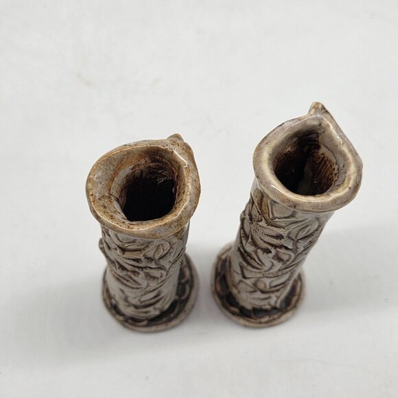 Vintage Signed Carved Ceramic Bud Vase Pressed Flower Design 4.5" Glazed Top - Picture 7 of 8